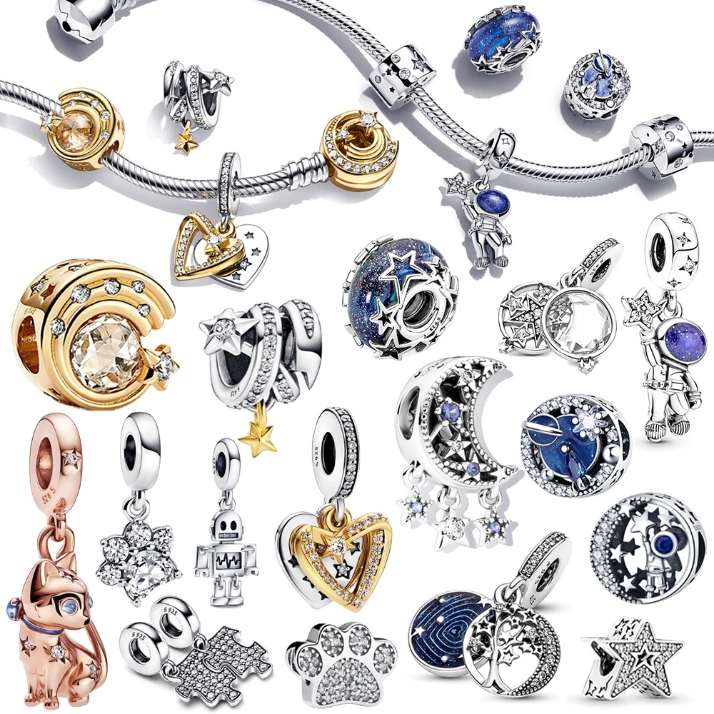 Abalorios de Plata de Ley para pulsera Pandora, abalorios de Plata, estrellas, Galaxia, cadena de seguridad, originales, 925|Amuletos| -