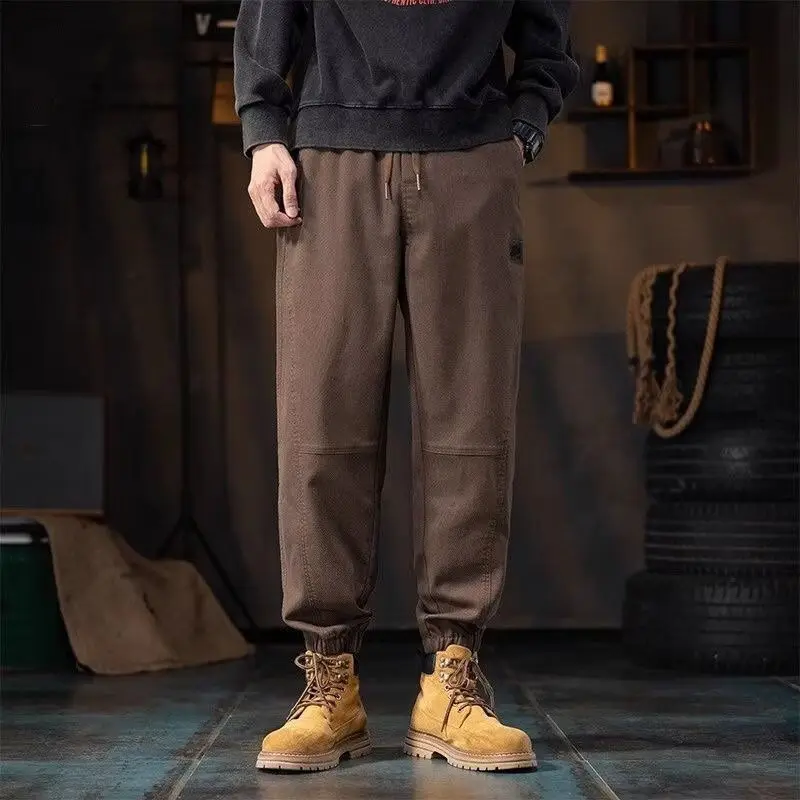 New Men's Spring Autumn Solid Color Trousers Elastic High Waist Pockets Drawstring Spliced Stylish Loose Casual Harlan Pants