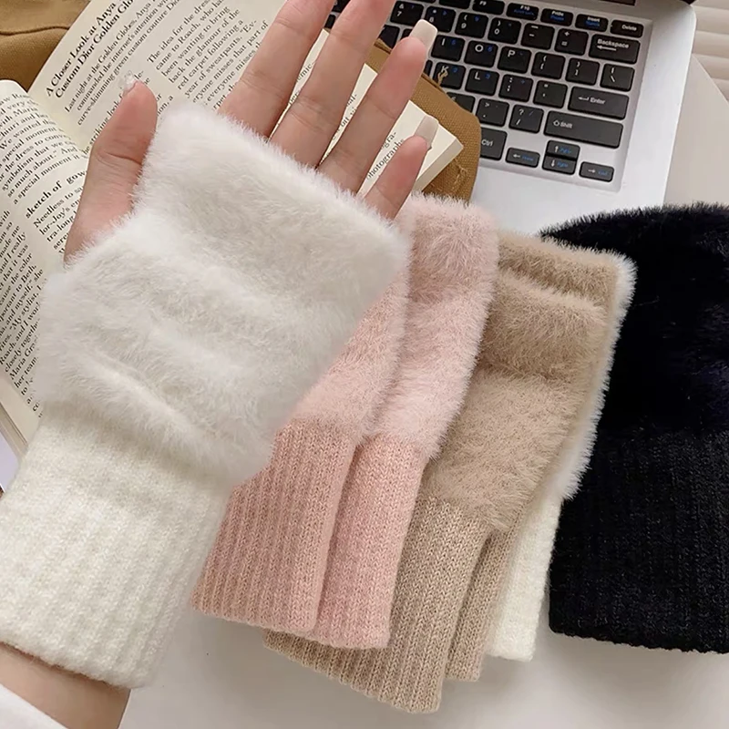 

Soft Fluffy Plush Winter Half Finger Gloves Women Knitted Fingerless Gloves Winter Warm Wrist Mittens
