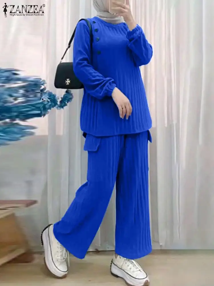 ZANZEA 2PCS Women Spring Long Sleeve Blouse Duabi Wide Leg Pant Sets Elegant Solid Matching Sets Muslim Sets Tracksuits Oversize