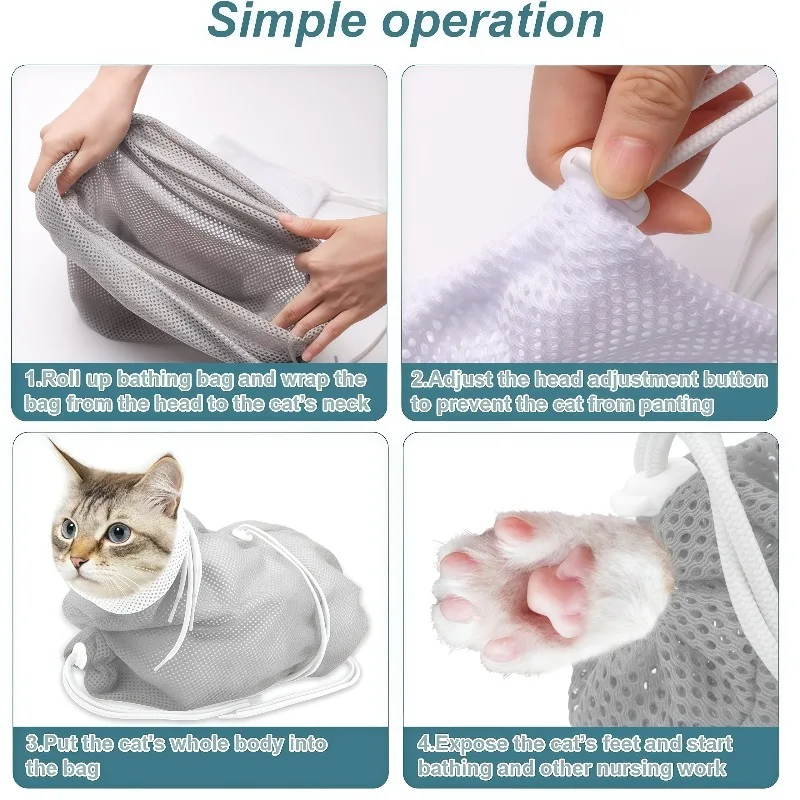 배터리 없이 조절 가능한 고양이 샤워 가방, 고양이 발톱 손질, 목욕, 귀 청소, 주사, 수유를 위한 통기성 메쉬 가방