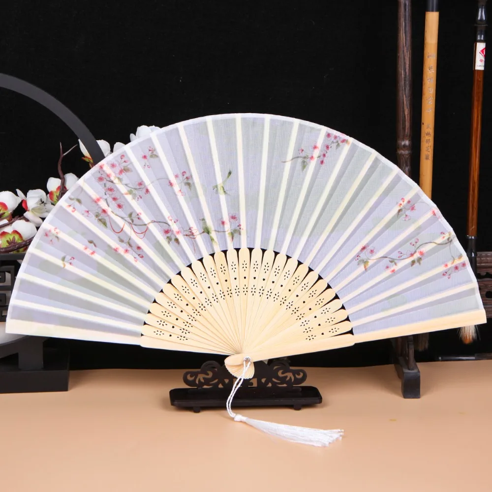 Folding Fan Hand Fan Silk Fans Bamboo Chinese Style Folding Fan Vintage Silk Shank Classical Dance Tassel For Female Home Decor