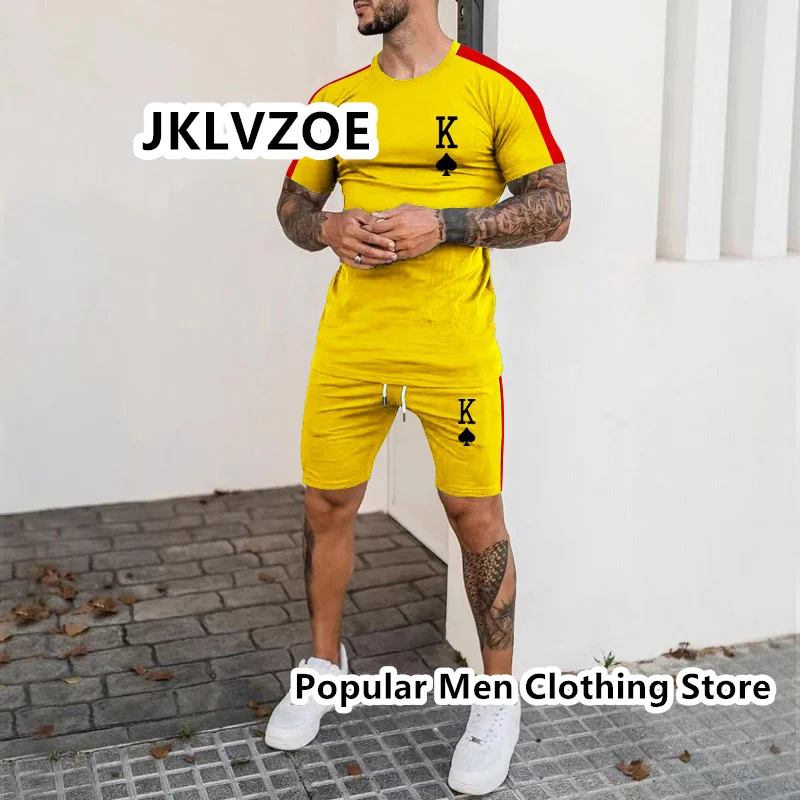 Summer Men's Suit Short Sleeve T-Shirt Suit Print Solid Color 3D Sportswear 2 Pieces Outfit Casual Male Oversized Clothing