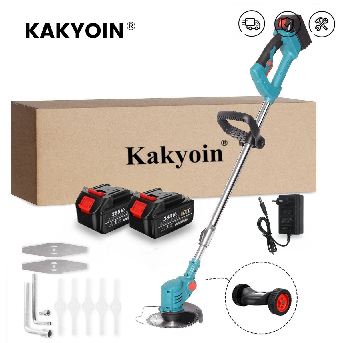 KAKYOIN 전기 잔디 예초기, 무선 잔디 트리머, 길이 조절 커터, 정원 도구, 잔디 트리머, 2pc 배터리 포함, 1500W