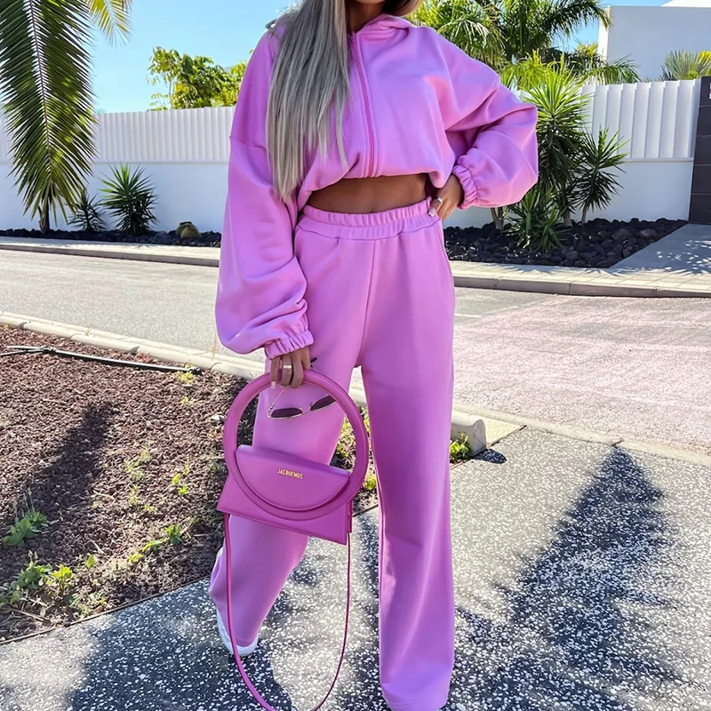 

2023 New Spring and Autumn Women's Sports Clothing Loose Fit Hooded Solid Zipper Sweater Set Fashion Casual Lady Two Piece Set