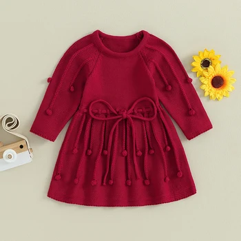 Girls Christmas Sweater Dress with Bobbles - Solid Color Crew Neck Knit Dress for Fall Winter - Long Sleeve Princess Dress for 1