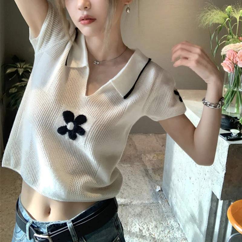 

Polo Collar Summer Knitted T-Shirts Women White Top Tees Short Sleeve Casual Hollow Out Plaid Knitwear Elegant Sweet Girls Y2K