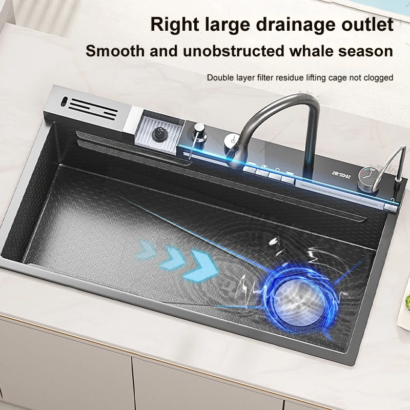 Stainless Steel Kitchen Sink Embossed Multifunctional Waterfall Wash Basin With Knife Holder Farmhouse Large Single Bowl 4