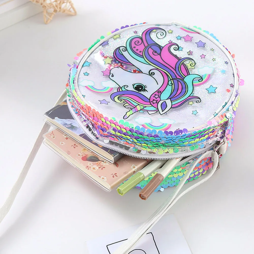 Kids Shoulder Bag Girls Sweet Cartoon Pattern Sequin Crossbody Bags Fashion Unicorn Casual Outing Versatile Round Bag