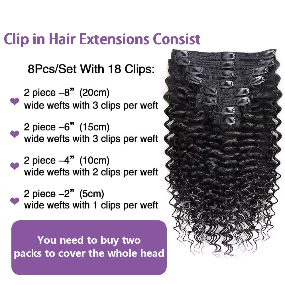 Deep Wave Clip ins Human Hair Extensions for Women 8Pcs Extensions Real Human Hair Curly Thick to Ends with 120g/set
