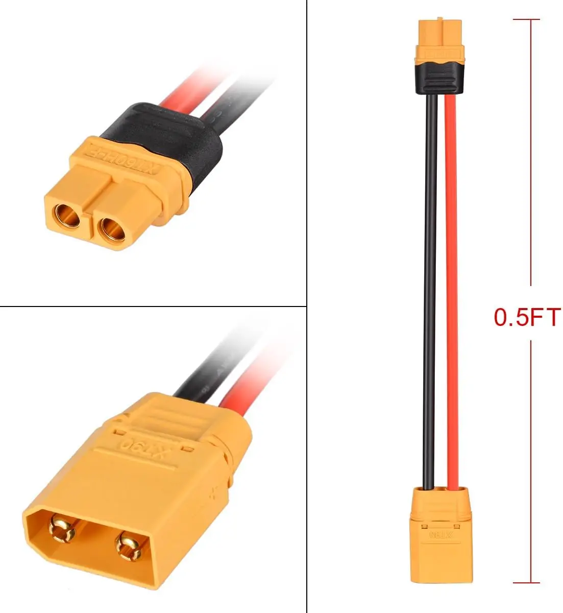 Superbat XT60 - XT90 어댑터 4개 12AWG XT60 암형 - XT90 수형 커넥터 케이블 RC 리포 배터리 드론용(6인치)