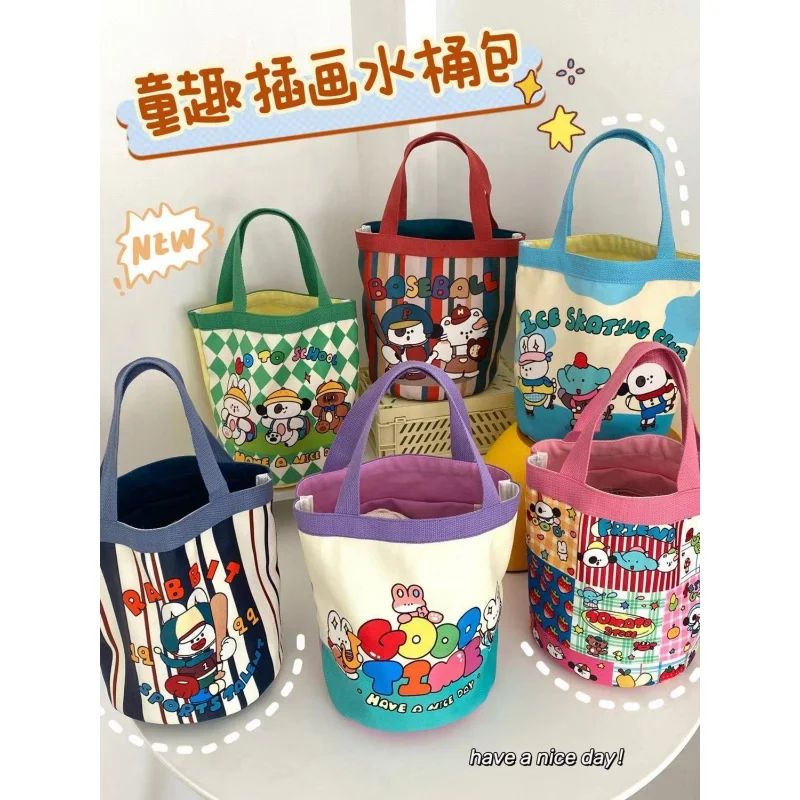 Custom  Cute illustration bucket portable Korean style girl heart mommy lunch bag work small bag children's fun graffiti canvas  portable sketch book diary for drawing painting graffiti soft cover sketch book memo pad notebook office school supplies gift