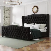 King Platform Bed Frame with Wingback Headboard, Velvet Upholstered Beds Frames with Handmade Button Tufted, King Bed Frame 1