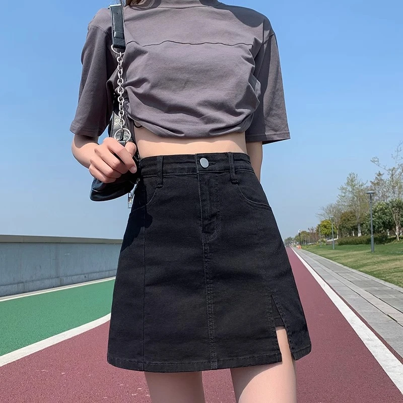 

Thin section summer black denim skirt female bustier elastic high-waisted open fork anti-glare a word package hip pants skirt