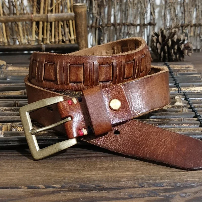 

3.8CM High Quality Pure Cowhide Genuine Leather Belt for Men's Copper Pin Buckle Fashion Real Leather Strap Male Jeans Belt