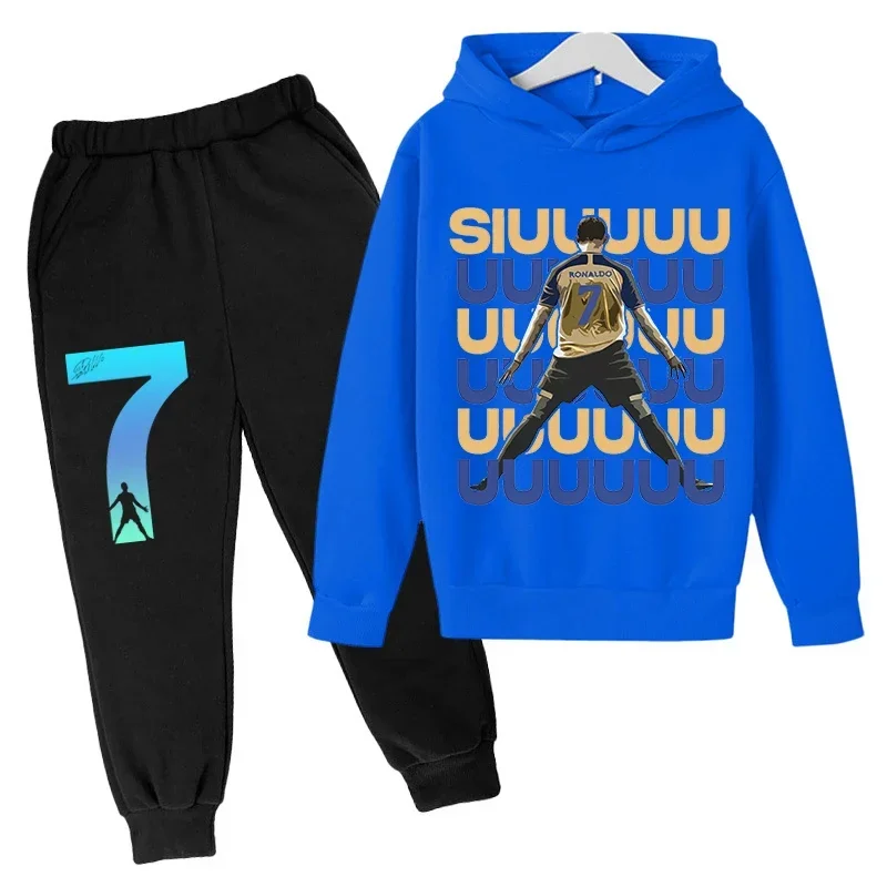 thumbnail image 1 of Conjunto de sudadera con capucha de primavera de Ronaldo, conjunto de 2 piezas de sudadera y pantalones azules informales para niños, ropa deportiva informal, chándal para niños, 1 of 5