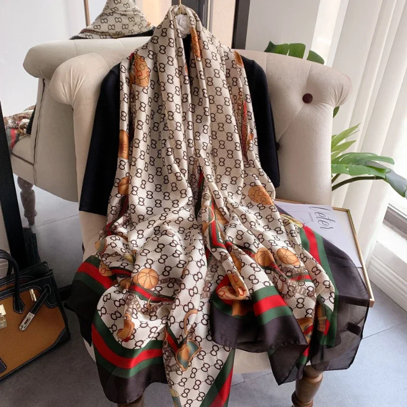 90×180cm Summer New Fashion Simulation Silk Scarf Versatile Thin Mulberry Silk Scarves Big-name Women's Shawl Sun Protection
