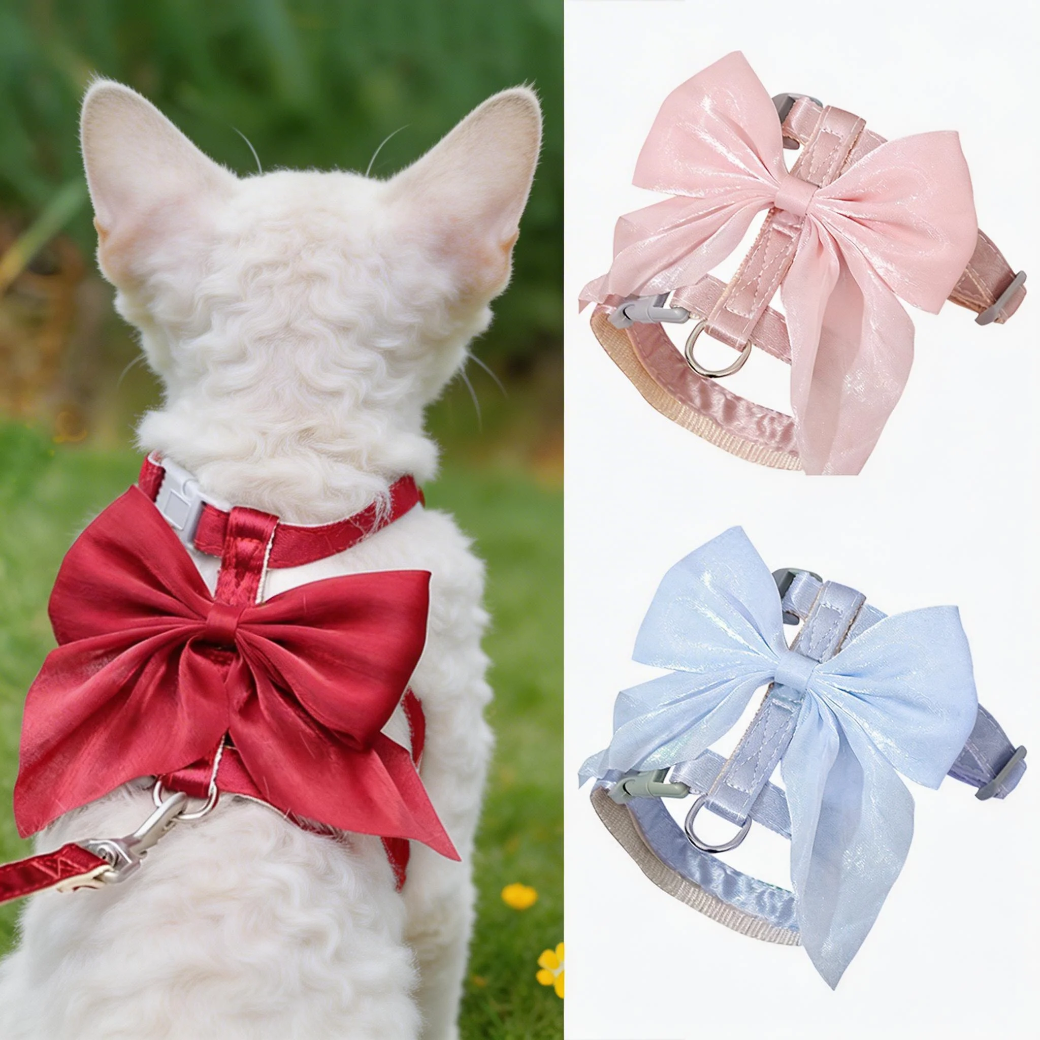 Cat Harness And Leash Set With Big Bow, Escape Proof Kitten Lead, Adjustable H-Type Vest For Walking, Cute Shiny Accessories_voghion.com