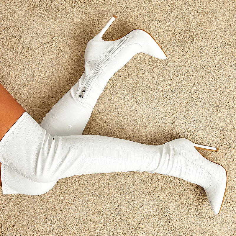 Winter Slim Stone Grain Women's Boots Shoes Over Knee Boots Patent Leather Side Zipper Solid Color Long Tube Stiletto High Heels