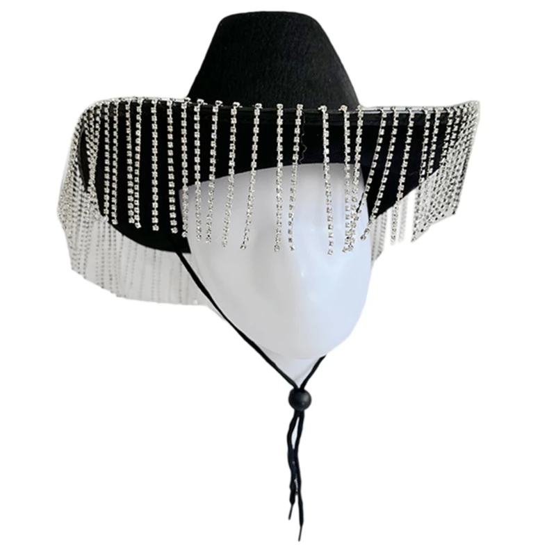 

Elegant Cowgirl Hat for Bridal Shower White Cowgirl Hat Bachelorette Party Shimmering Tassels Cowgirl Hat Wide Brim 57BD