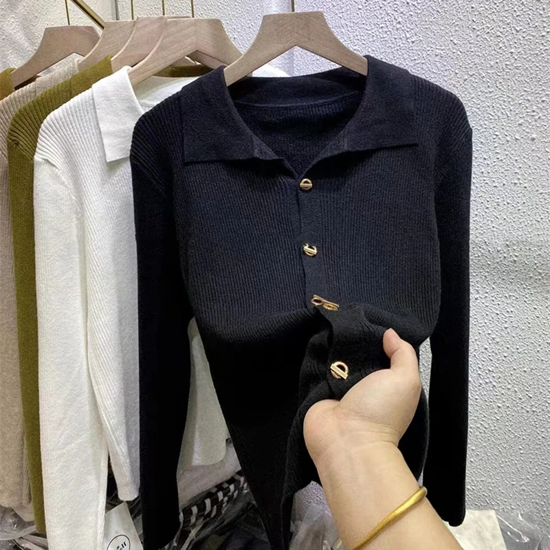 New Polo Collar Long-sleeved Sweater Button-up High-end Design Chic Knitted Cardigan Bottoming Top