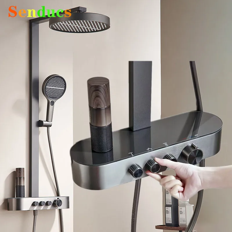น้ําตกห้องน้ําชุดฝักบัว Senducs สีเทาร้อนเย็นห้องน้ําระบบ 4 ฟังก์ชั่นทองเหลืองก๊อกน้ําห้องน้ําหัวฝักบัว 1