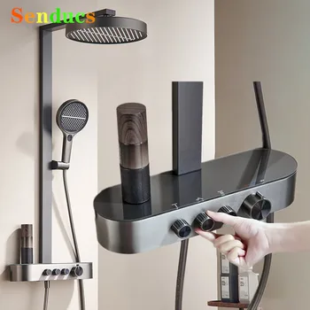 น้ําตกห้องน้ําชุดฝักบัว Senducs สีเทาร้อนเย็นห้องน้ําระบบ 4 ฟังก์ชั่นทองเหลืองก๊อกน้ําห้องน้ําหัวฝักบัว 1