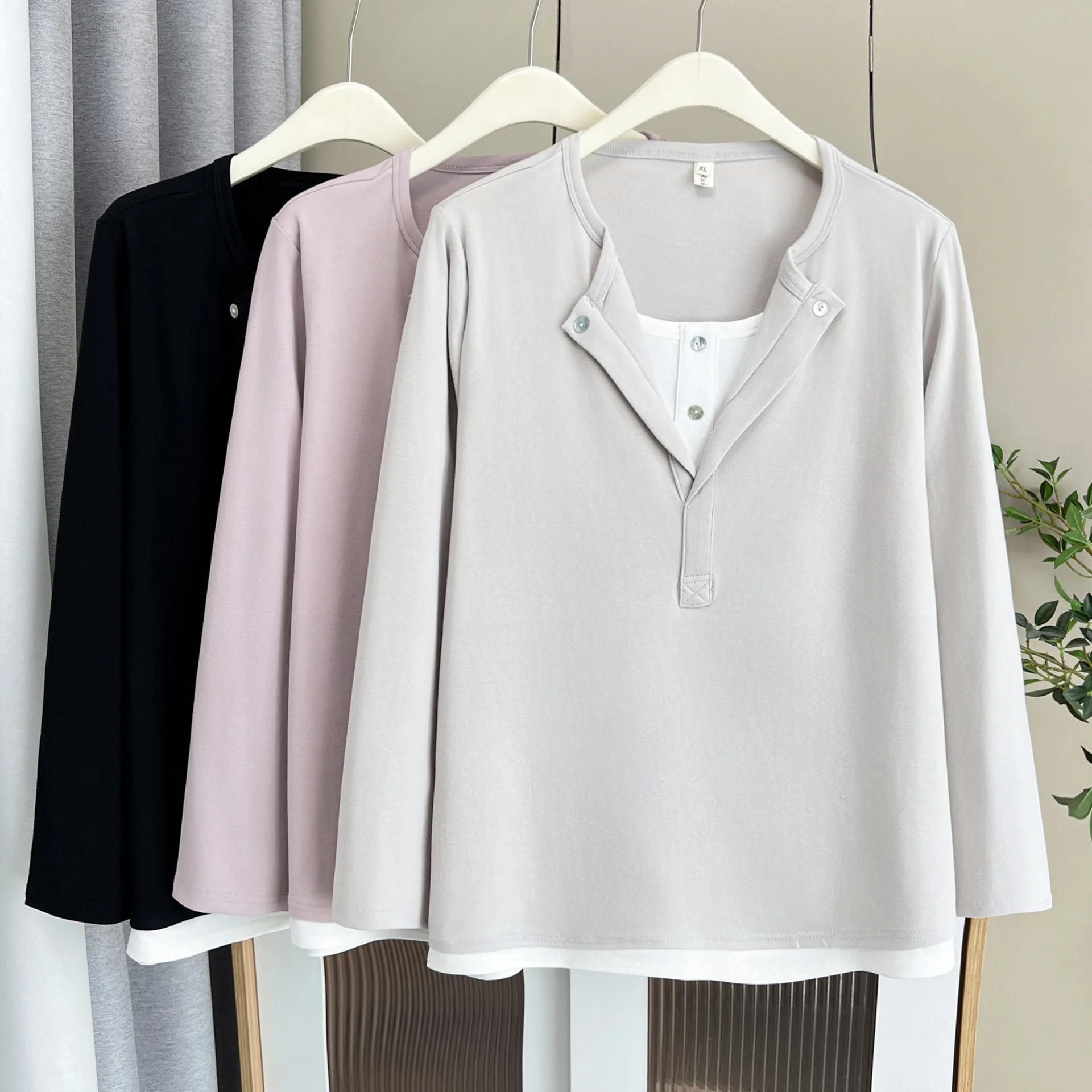 Fashion Plus Size Women's T-Shirt Autumn New Casual Style Fake Two Pieces Long Sleeve Stylish Tops 988