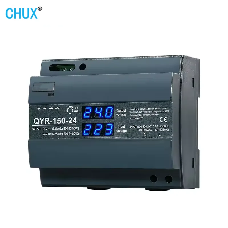 Chux-rail tipo Digital Display Switching Power Supply 150w Din 24v 48v dc Qyr150w Smps Ultra Slim Step Shape Led Strip