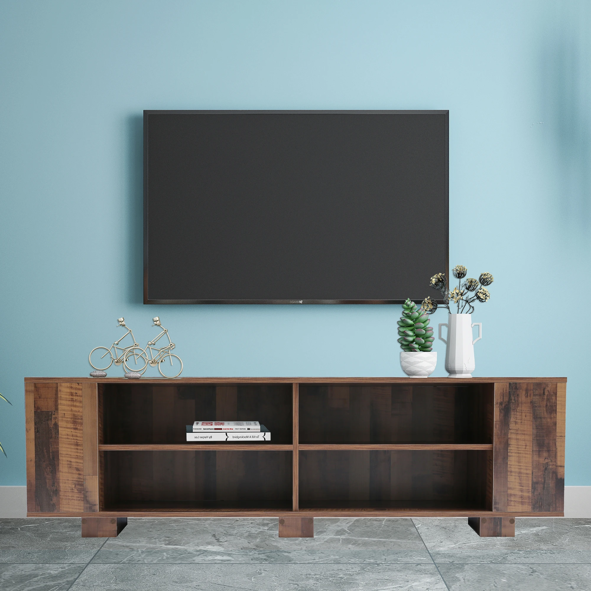 

TV Stand Console Table 59x16x18In Universal TV Cabinet Mid-Century Modern Entertainment Center W/ 8 Open Shelf Brown[US-W]