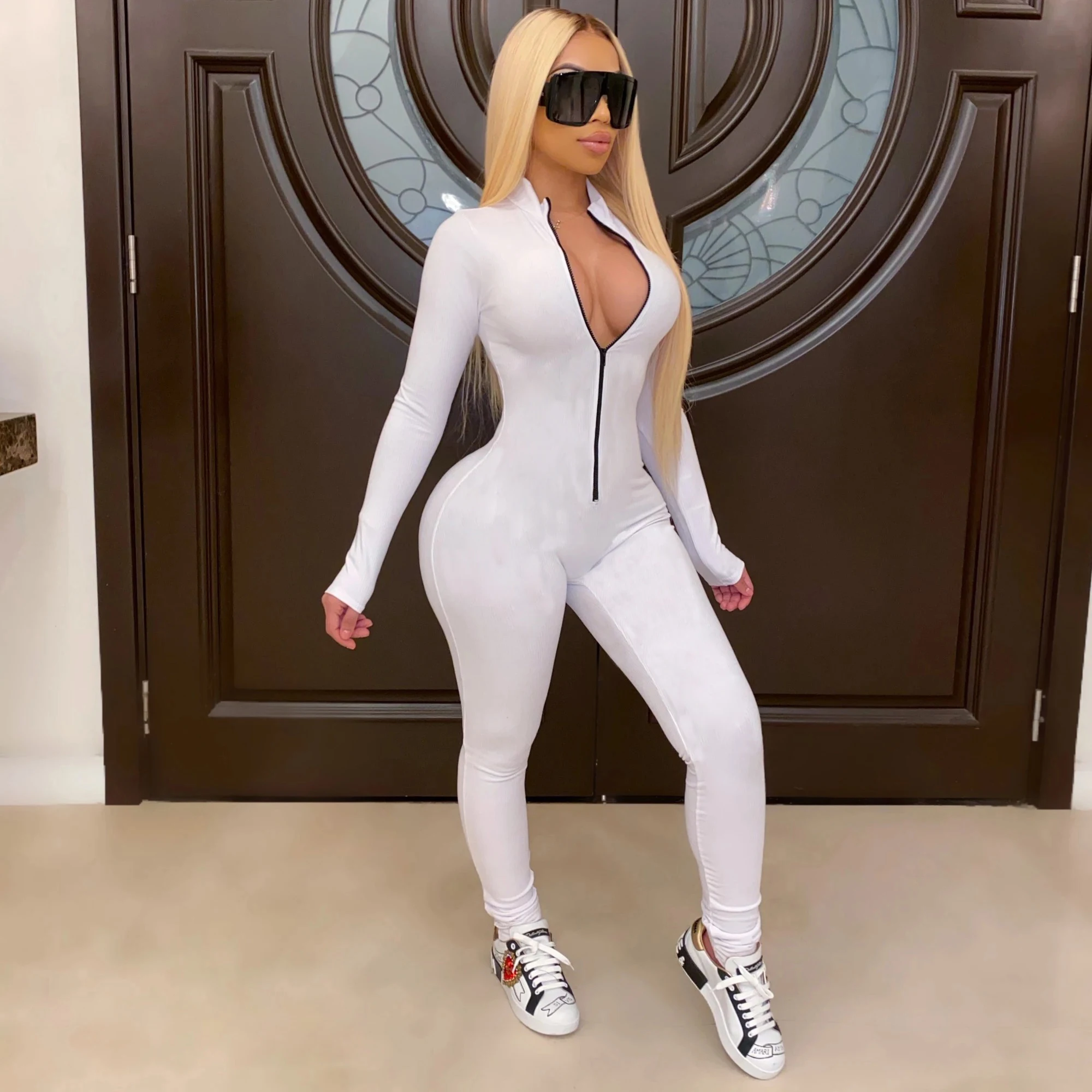 

2023 Women Casual Zip Up Slim Fit Jumpsuits Sexy Zipper Front Long Sleeve Fitness Rompers Playsuits Fashion Ladies Streetwear