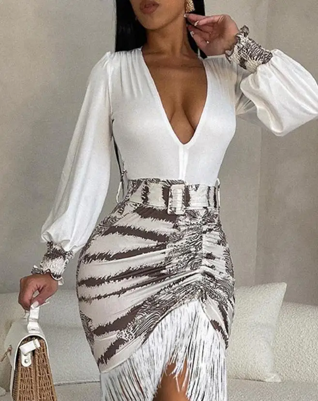 

Women's Temperament Dress 2024 Spring Summer Latest Sexy Floral Print Plunge High Slit Drawing Maxi Skirt Long Sleeve Mini Dress