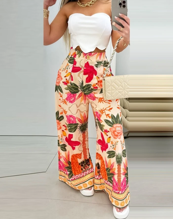 Pants Sets for Women 2024 Spring Summer Floral Animal Geometric Print Vacation Daily Bandeau Asymmetrical Top Tropical Pants Set womens two piece sets outfit 2024 summer sleeveless bodycon bandeau bowknot design top