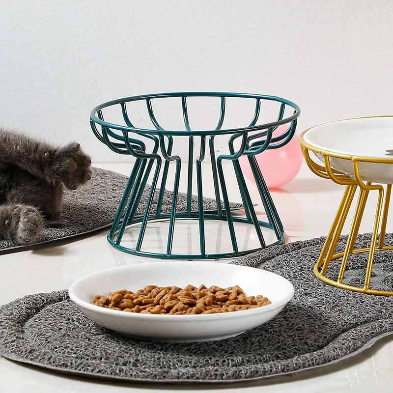 Pet food bowl 1Set Pet Ceramic Bowl Iron Rack Cat Food Snacks Canned Plate Anti-black Chin Anti-turning Water Does Not Leak Easy To Eat