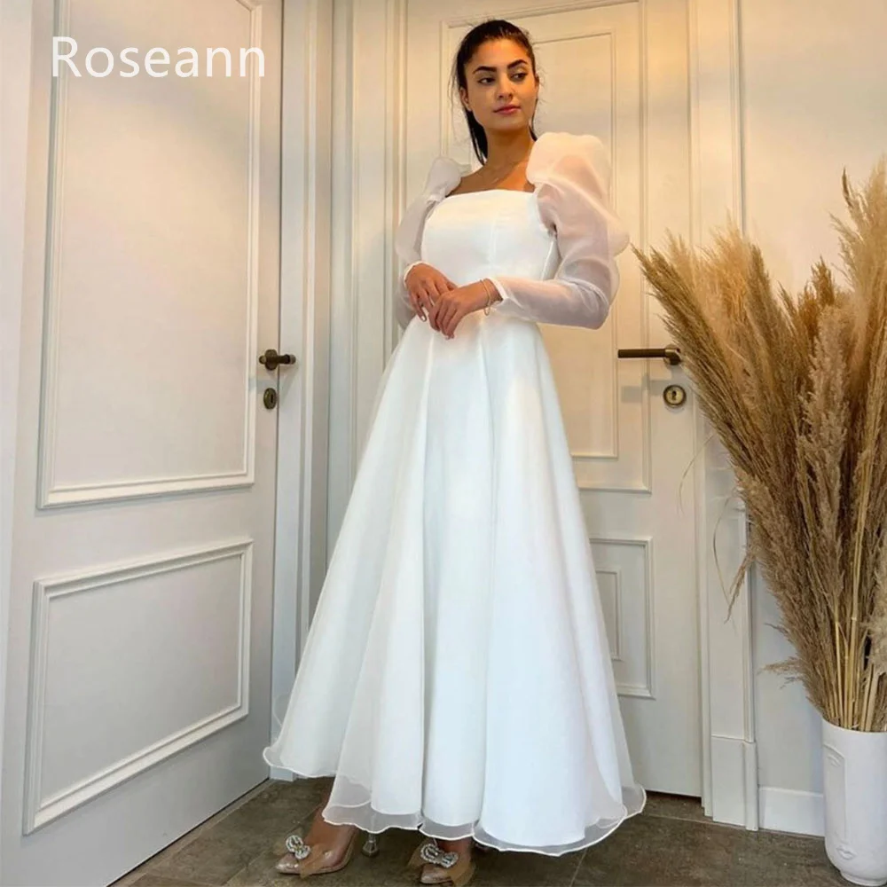 Muslim Exquisite Square A-line Wedding Dresses Puff Sleeve Satin Draped Pleat Full Bride Dresses Anck Length robe de mariée 4