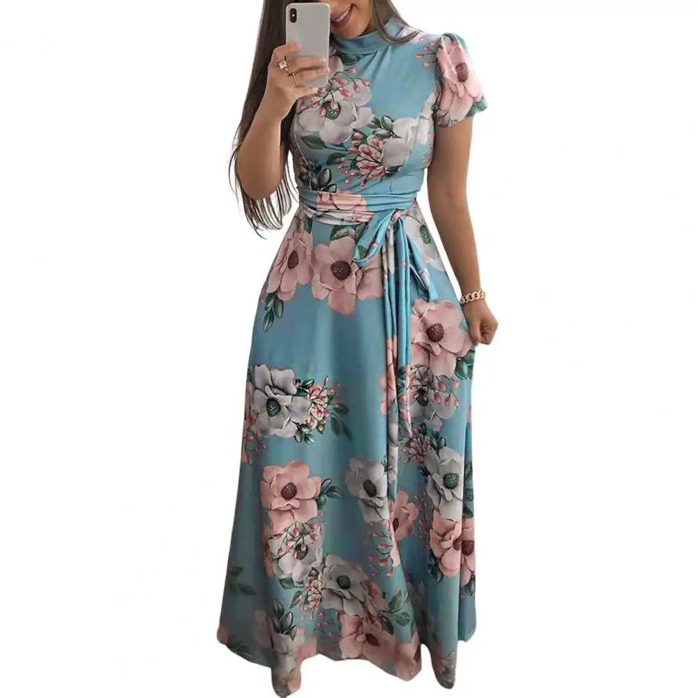 

Women's Printed Dress Floral Print with Mock Collar Belted Waist A-line Swing Dress for Summer Spring