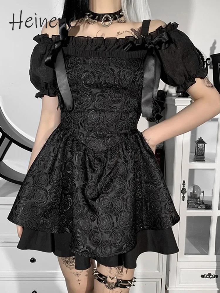 

Heinene Goth Womens Vintage Black Jacquard Dress Grunge Sexy High Waist Sleeveless Mini Dresses Aesthetic Lolita Style Partywear