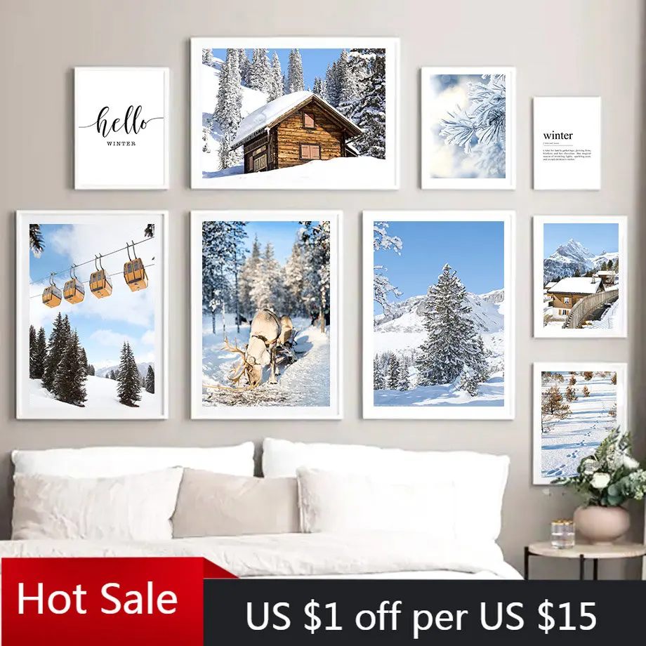 Snow Mountain Forest Deer House Winter Landscape Wall Art Canvas Painting Poster E Stampe Immagini Per Soggiorno Home Decor