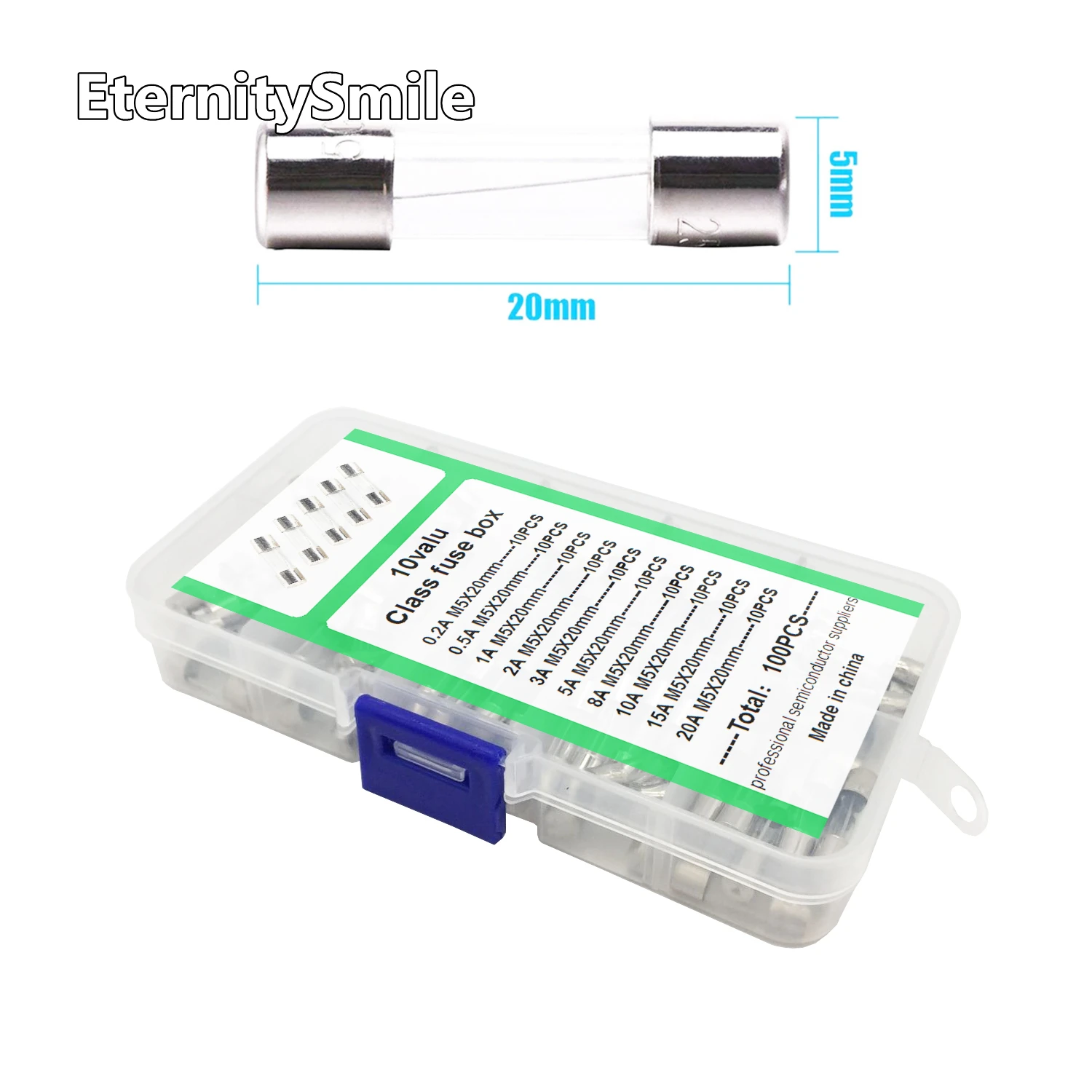 100Pcs/Set Quick Blow Glass Tube Fuse Assorted Kits 10Values 5x20mm Fast-blow Glass Fuses 0.2A 0.5A 1A 2A 3A 5A 8A 10A 15A 20A