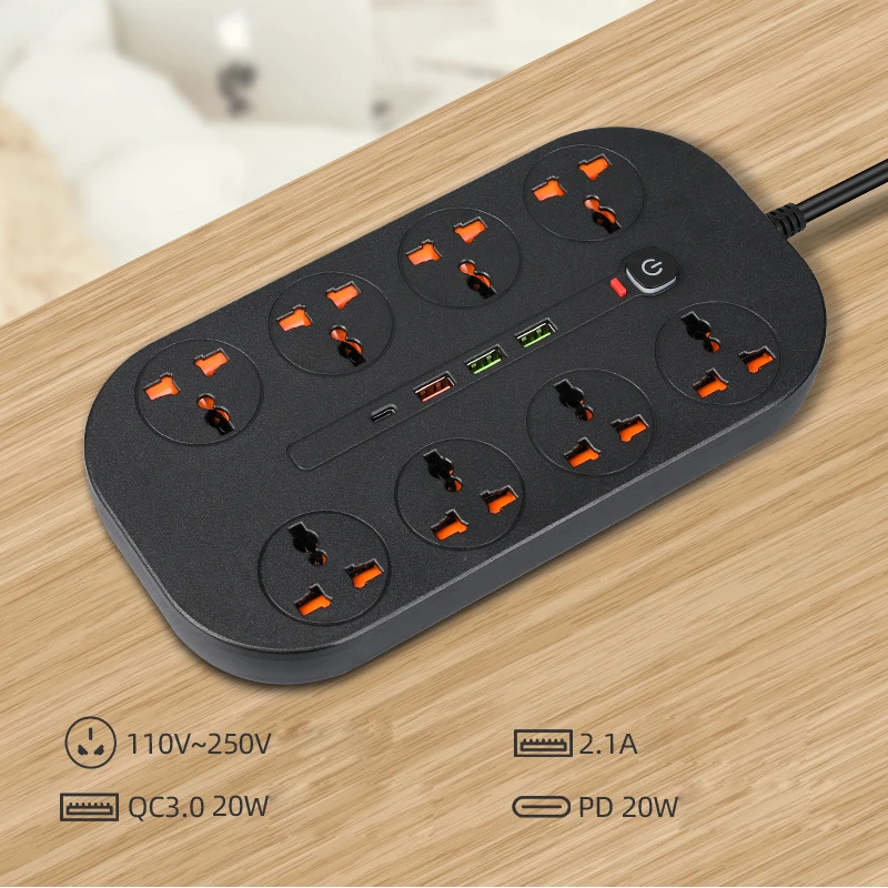 Universal Power Strip with Surge Protection, USB and Type-C Ports, and 8 Outlets