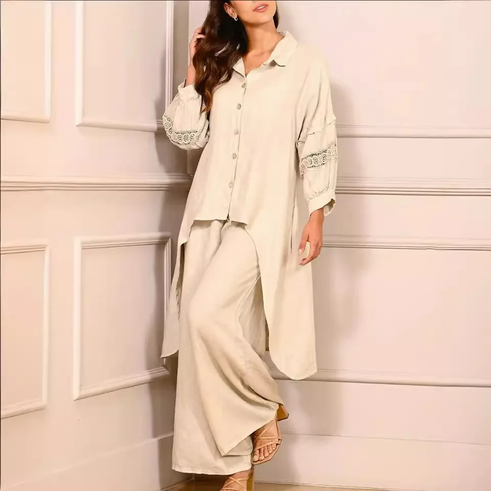 Women's solid color lace design stitching 7-point rotator cuff shirt skirt+wide-leg pants suit women suit