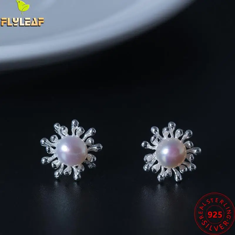 

925 Sterling Silver Jewelry Natural Pearl Snowflake Stud Earrings For Women Original Design Luxury Femme Popular Accessories