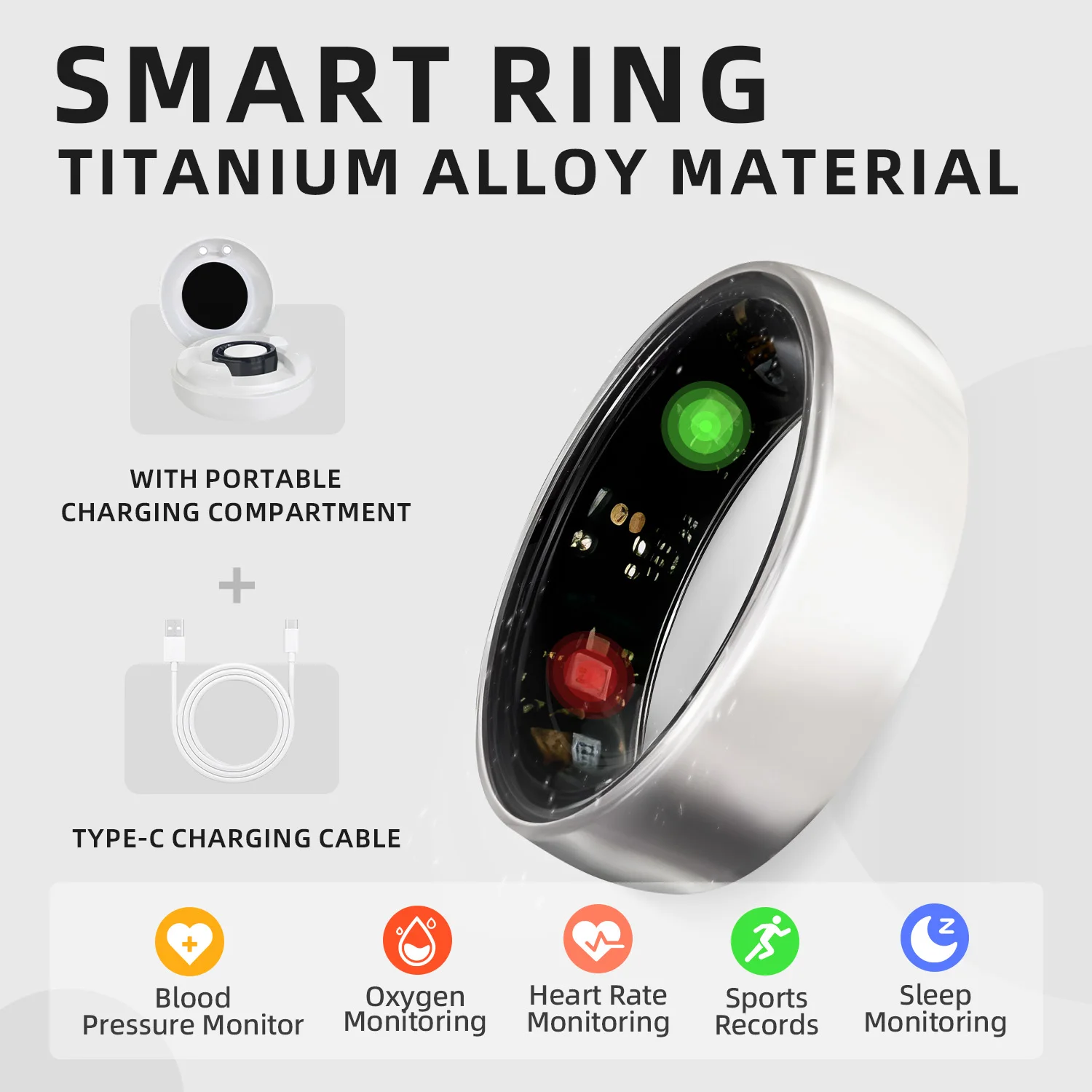 Titanium Alloy Smart Ring, Health Tracker with Blood Pressure/Oxygen/Heart Rate Monitor, Sleep & Sports Tracking, IP68 Waterproo 1