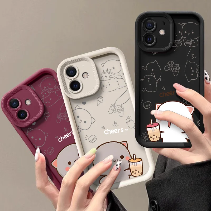 Cute Cartoon Peach Mochi Cat Couple Soft Case Cover