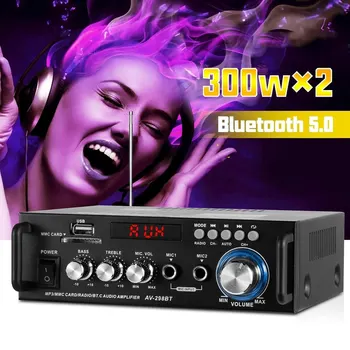 AV-298BT 디지털 전력 증폭기, 하이파이 블루투스 오디오 증폭기, 무선 블루투스 5.0 스테레오 오디오 증폭기, 최대 300W x 2