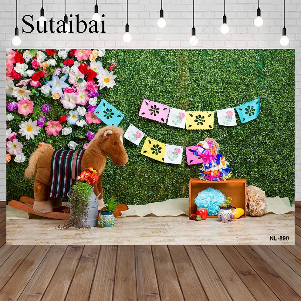 

Зеленая трава настенный Декор Фон лошадь конфетти Горшечное растение торт для празднования детской фотосъемки семейная Фотография Студия