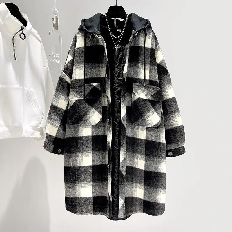 

Vintage Plaid Hooded Long Jacket Women Thick Warm Woolen Coats Autumn Korean Style Double Pocket Casual Cardigan Outwear Female