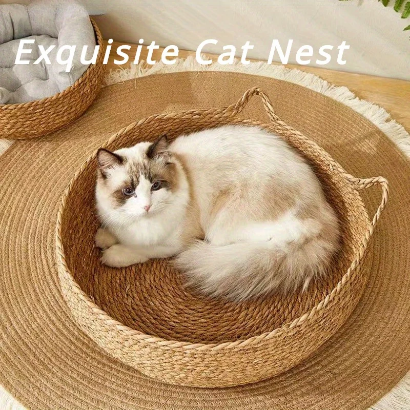 Handmade Rattan Cat Bed with Soft Cushion - Breathable Rattan Woven Pet Bed, Suitable for All Seasons As A Home Cat Mat