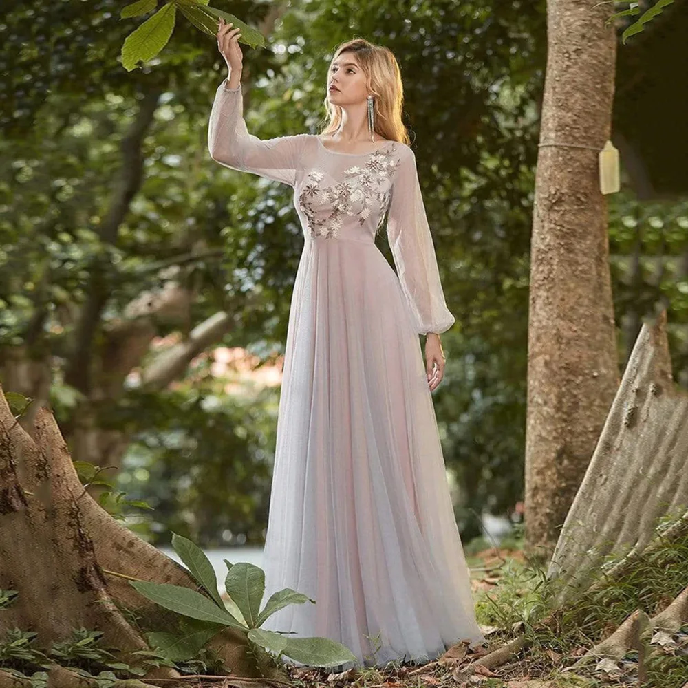 

Simple Backless Prom Dresses Appliques Sequined Full Sleeve Party Gown Floor-Length Boho Evening Dress robes de soirée vestido