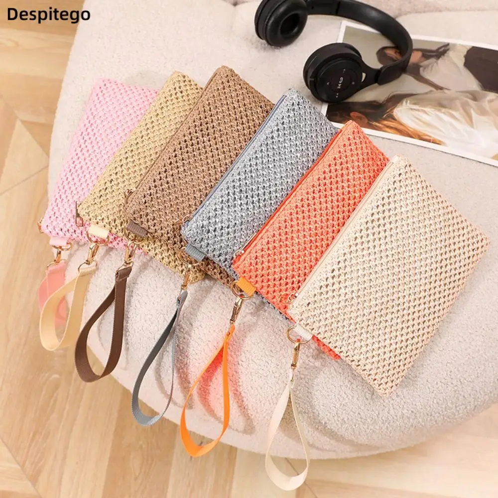 

Portable Simple Woven Coin Purse Solid Color Wrist Bag Straw Clutch Bag